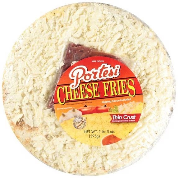 Portesi thin crust cheese fries in the package, with dipping sauce