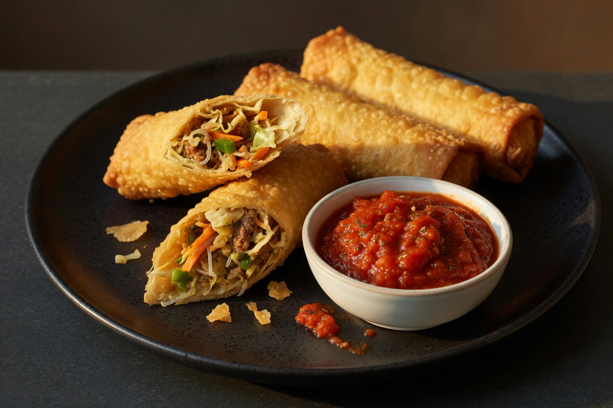 Egg rolls on a plate with red sauce