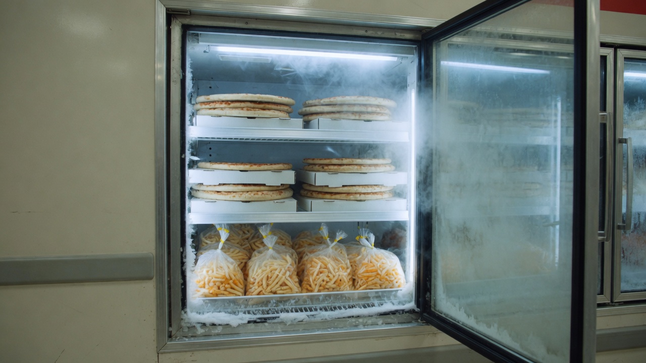 Freezer shelves holding pizzas and cheese fries at the Iron Mountain warehouse